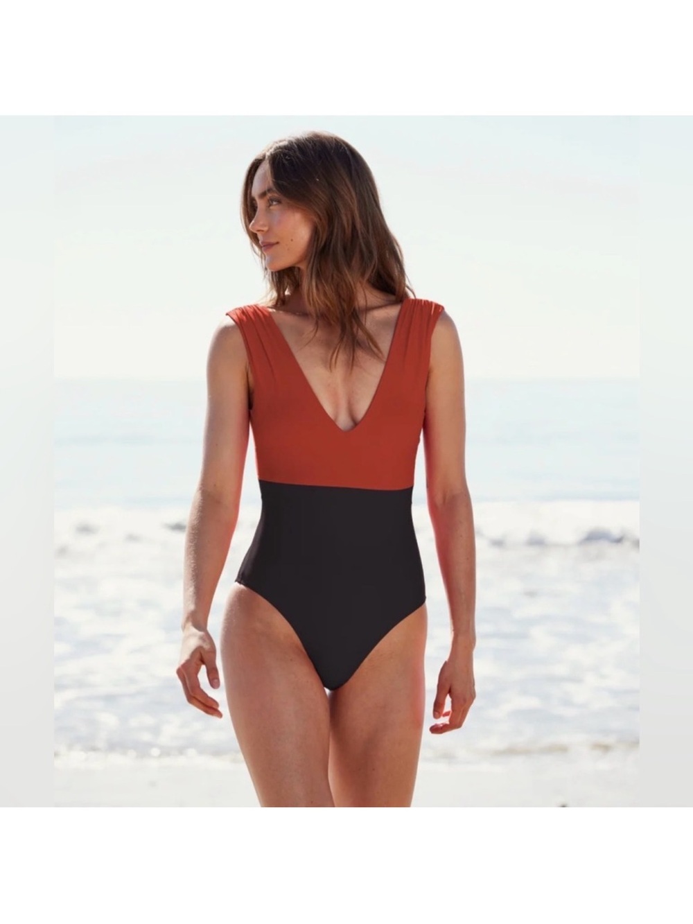 Summersalt Colorblock Deep V One-Piece Swimsuit in Rust and Black